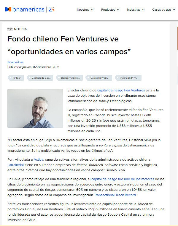 Fondo chileno Fen Ventures ve oportunidades en varios campos